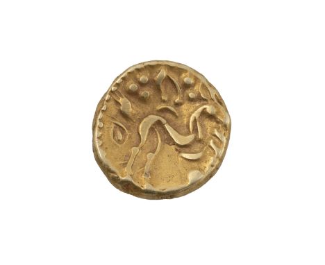 50 BC Gallo-Belgic series E Gallic War uniface Ambiani gold AV Stater (ABC 16, S 11). Obverse: sinuous disjointed horse, five