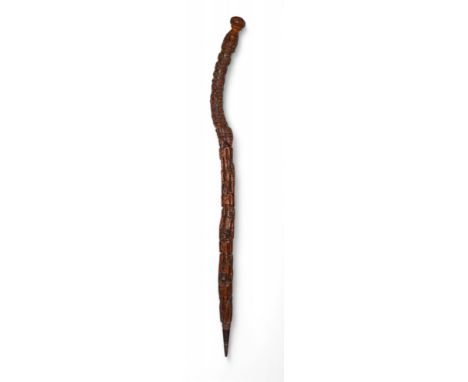 18th Century A walking stick, amusingly carved along shaft, with bearded men standing on each other's shoulders. The carved h
