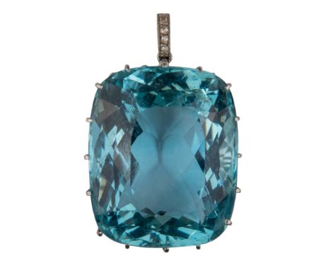 British c. 1915 A fine aquamarine and diamond pendant The cushion shaped mixed cut aquamarine of fine blue green colour, weig