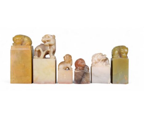 Chinese 19th Century Six various soapstone seals including&nbsp;a greenish soap stone seal with finely carved mythical beast 