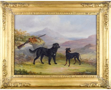 English School 20th century A sporting portrait of a Manchester terrier and a Spaniel in a landscape Oil on artists board Pro
