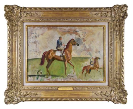Sir Alfred Munnings (1878-1959) A portrait of a chestnut being ridden on the Newmarket gallops with a sketch lower right of t