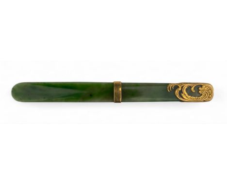 Fabergé A jade letter opener with gold foliate design and ring Hallmarked&nbsp;Mikhail Perkhin Provenance:&nbsp;Sir Frank Ken