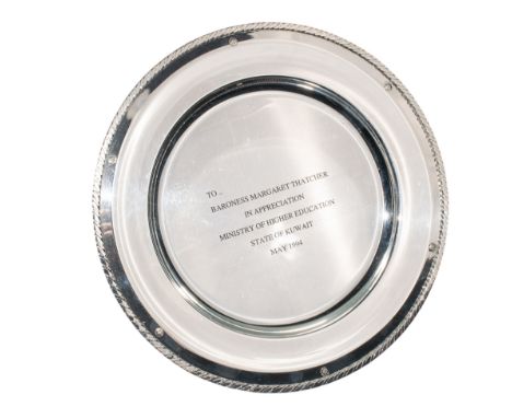 Christian Dior A silver plate commemorative dish presented to Baroness Margaret Thatcher by the State of Kuwait, May 1994 Wit