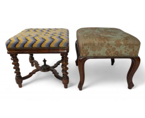 English Late 17th century A William and Mary walnut stool with barley twist legs and an x-form stretcher with central finial.