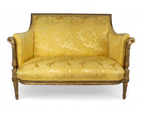 Continental 19th century A two seater settee Giltwood, with yellow damask upholstery, on elegant fluted legs Dimensions:&nbsp