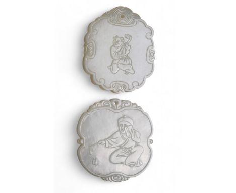 Chinese 18-19th Century Glass white and mutton fat jade pendants Engraved with calligraphy Property of a gentleman From the c