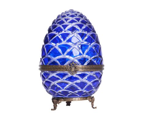 French 19th/20th Century A Faberge caviar and vodka set The cobalt egg-form hinged case with embossed brass banding and Russi