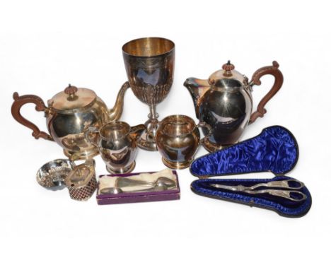 A mixed lot of silver and silver plated items To include: [a] A silver plate coffee and tea set with Celtic motifs, marked&nb