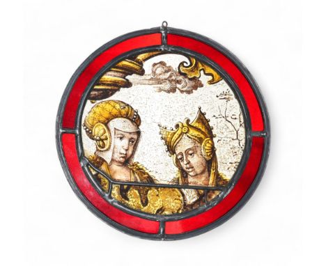 16th century, c.1500-1520 A stained glass image of two female saints, in a circular glass panel with lead frame and red glaze