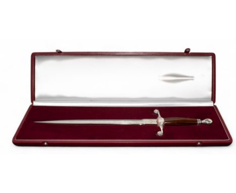 20th Century, Wilkinson Sword London A silver engraved knife in a fitted red leather box, with silver plaque to top inscribed