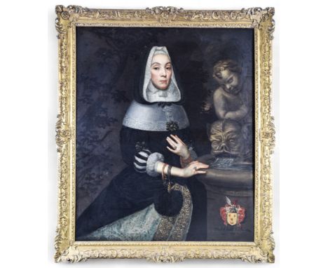 English School, mid 17th Century Portrait of Elizabeth Buddle at 40 1658 Oil on canvas With her coat of arms lower right Insc