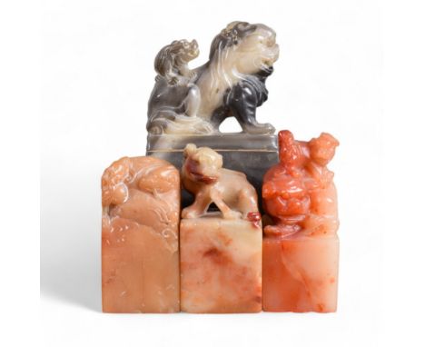 Chinese 19th Century Four various soapstone seals&nbsp;including a finely carved double kylin seal in red splashed bloodstone