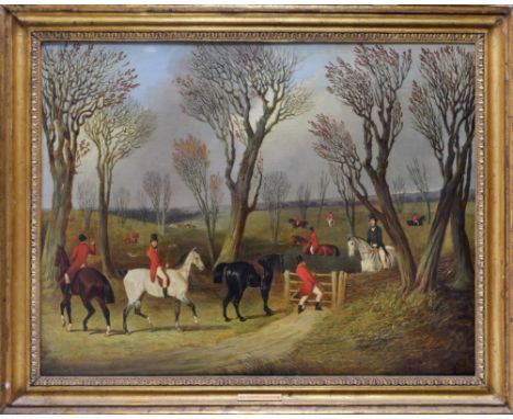 John Dalby (English, 1810-1865) &nbsp;Opening the gate: huntsmen and hounds drawing cover&nbsp;c. 1840&nbsp;Oil on canvas&nbs