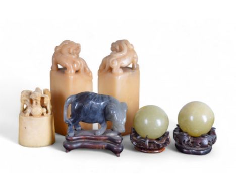 Chinese Early 20th Century [1] A pair of soapstone seals [2] A bone seal [3] A jade figure of a boar [4] Two jade balls Prope