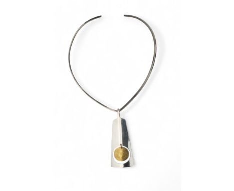 Bent Gabrielsen for Hans Hansen, Danish A neck ring with pendant Signed and hallmarked Sterling silver with gold wash disc  D