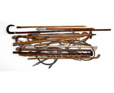 A collection of walking sticks, shooting sticks and hunting crops  To be sold without reserve
