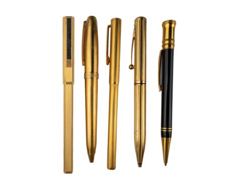 French Late 20th Century A group of five pens To include: [a] A Carandache ballpoint pen [b] A gold plated and black lacquer 