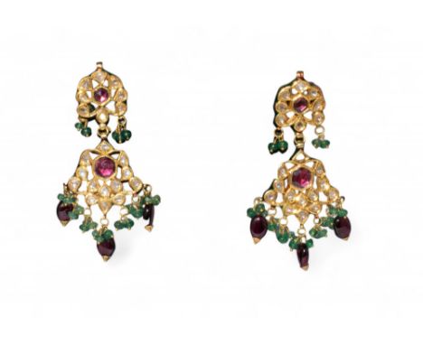Jaipur Indian, Circa 1980s An attractive pair of flat-cut diamond, enamel and emerald pendant earrings. Profusely enamelled w