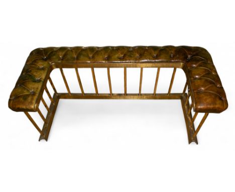 20th Century A brass fire fender with tufted leather upholstered seat  Dimensions: 22 in. (H) x 58.5 in. (W) x 26.5 in. (D) 