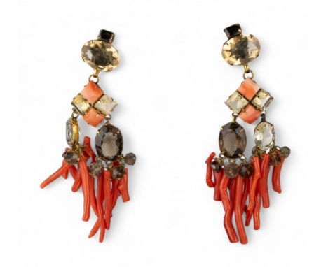 Idrij Moini A pair of coral and smoky quartz pendant chandelier earrings 