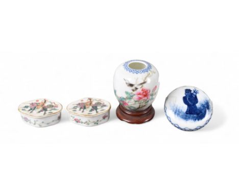 Chinese Republic period [1] An egg shell porcelain and famille rose miniature vase [2] A small blue and white cosmetic box, w