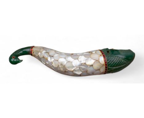 Indian 19th century A nephrite, mother of pearl, gem set powder flask. In the form of a mythical beast with bird head finial.