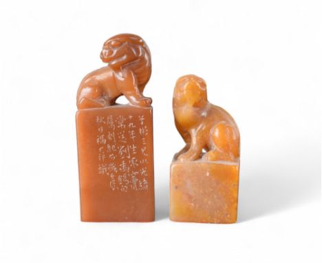 Chinese 19th Century Two soapstone kylins&nbsp; Seals on base Decorated with calligraphy  Property of a gentleman From the co