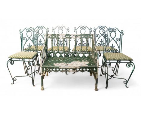 20th century Garden furniture, to include glass top iron table and 6 accompanying chairs, with additional stone one seat benc