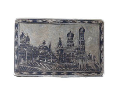 Russian, Mid 18th Century A silver niello box with stylised Russian city views Stamped 'ND 1830' 'OB' Weight: Approx. 110 gra