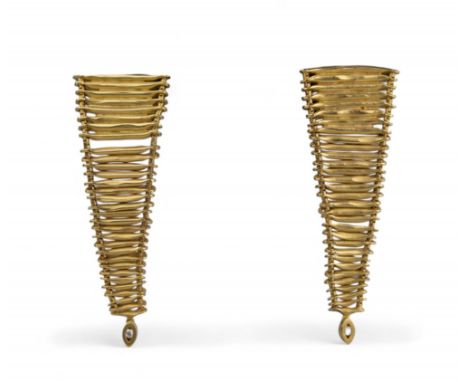 Contemporary A pair of yellow gold and diamond 1970s style pendant earrings of graduated ladder with diamond drop shape  Tota