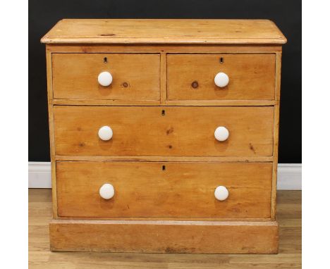 A Victorian pine chest of two over three drawers, ceramic handles, 82cm high, 87.5cm wide, 44.5cm deep 