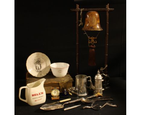 Boxes and Objects - a pair of early 20th century spurs; a Maitland-Smith 'monkies' table lamp; a humorous Staffordshire plate