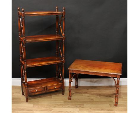 A contemporary American-Victorian style open bookcase, two short drawers to apron, 123cm high, 56cm wide, 25.5cm deep; a Chin
