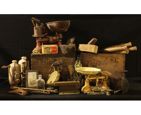A pair of advertising wooden crates, Carter's Soft Drinks, Sawley; a set of Avery scales; a brass door knocker modelled as a 