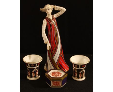 A Royal Crown Derby figure, Penelope, second quality; a pair of 1128 pattern miniature flared vases, seconds; an A.1295 patte