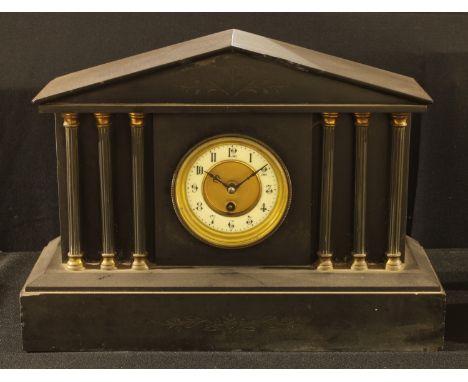 A French Belge noir architectural mantel clock, 32cm high, 44cm wide, pendulum and key, late 19th century 