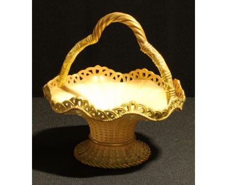 A Royal Worcester blush ivory basket, pierced wavy rim, spreading cylindrical base, picked-out in gilt, 19cm high (over handl