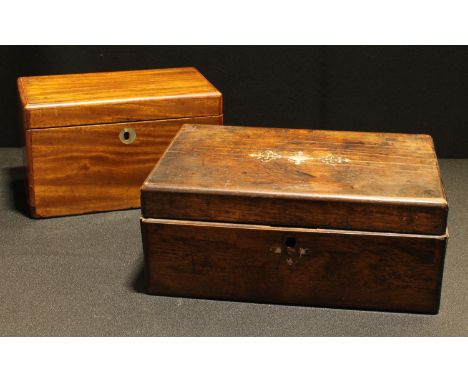 A Victorian mahogany rounded rectangular tea caddy, c.1860; a Victorian rosewood work box (2) 