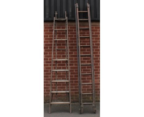 A vintage extendable ladder; a set of Victorian barn step ladders (2) 