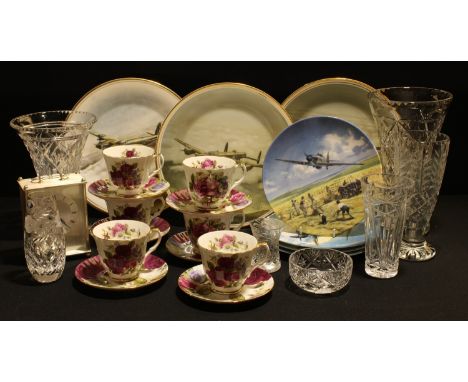 A Staffordshire Duchess China floral printed tea set for six; cut glass vases; collector's plates, printed with The Spitfire,