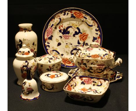 A Mason's Mandalay pattern sauce tureen and stand with ladle, 14cm high; others vase, plate, bell, ginger jar and cover, etc 