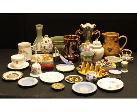 A Wedgwood green Jasperware vase; other Wedgwood Japerware; a Franz trinket dish; a Halycon Days Bilston enamel Jane Austen S