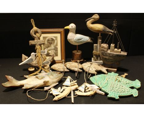 Interior Design - The Great British Seaside, a carved and painted wooden model of a seagull, 30cm; another 36cm; a ceramic fi
