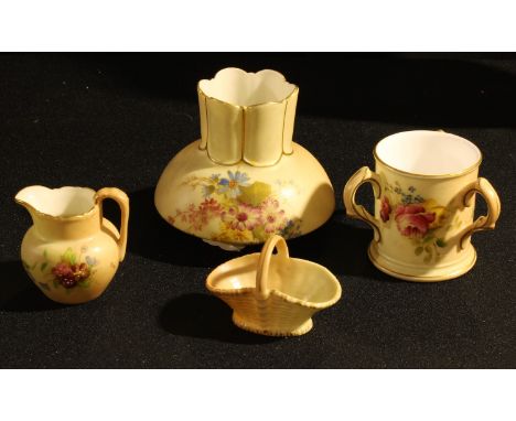 An early 20th century Royal Worcester squat vase, 8cm high; others, similar, loving cup, miniature jug and basket (4) 