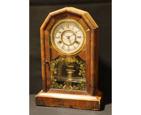 An American walnut veneer mantel clock, glazed door with transfer printed garland, 46cm, c.1900 