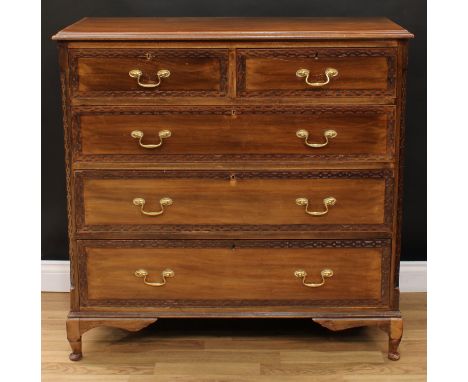 A Chippendale style chest, rectangular top with moulded edge above two short and three long graduated drawers, swan neck hand