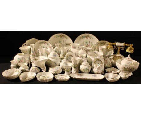 An Aynsley Wild Tudor pattern telephone, vases, plates, clocks, bowls and covers, trinket pots and covers, owl, tortoise; qty