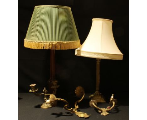Lighting - a mahogany columnar table lamp; a brass Corinthian column table lamp; a pair of wall sconces; a Rococo design cand