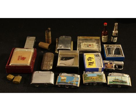 A collection of cigarette lighters including Parr brass trench lighter, Crown Musical lighter, advertising, etc 